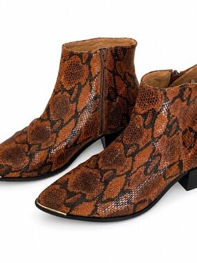 Pavement Brown Snake-Print Pointed Ankle Booties